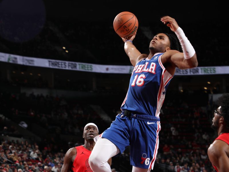 PORTLAND, OR - JANUARY 29: Ricky Council IV #16 of the Philadelphia 76ers dunks the ball during the game against the Portland Trail Blazers on January 29, 2024 at the Moda Center Arena in Portland, Oregon. NOTE TO USER: User expressly acknowledges and agrees that, by downloading and or using this photograph, user is consenting to the terms and conditions of the Getty Images License Agreement. Mandatory Copyright Notice: Copyright 2024 NBAE (Photo by Cameron Browne/NBAE via Getty Images)