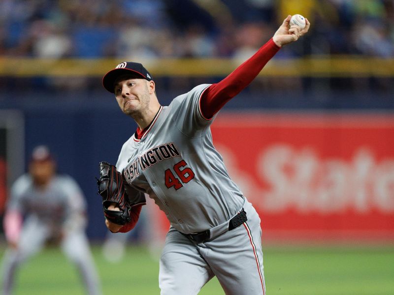 Jun 30, 2024; St. Petersburg, Florida, USA; Washington Nationals pitcher Patrick Corbin (46) throws a pitch against the Tampa Bay Rays in the first inning at Tropicana Field. Mandatory Credit: Nathan Ray Seebeck-USA TODAY Sports