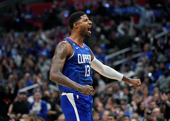 LOS ANGELES, CA - OCTOBER 23: Paul George #13 of the Los Angeles Clippers celebrates after scoring a three point basket against the Phoenix Suns during the second half at Crypto.com Arena on October 23, 2022 in Los Angeles, California. NOTE TO USER: User expressly acknowledges and agrees that, by downloading and or using this photograph, User is consenting to the terms and conditions of the Getty Images License Agreement. (Photo by Kevork Djansezian/Getty Images)