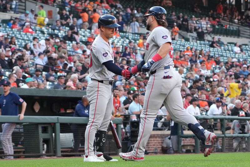 May 28, 2024; Baltimore, Maryland, USA; Boston Red Sox outfielder Wilyer Abreu (52) greeted by outfielder Rob Refsnyder (30) following his solo home run in the first inning against the Baltimore Orioles at Oriole Park at Camden Yards. Mandatory Credit: Mitch Stringer-USA TODAY Sports