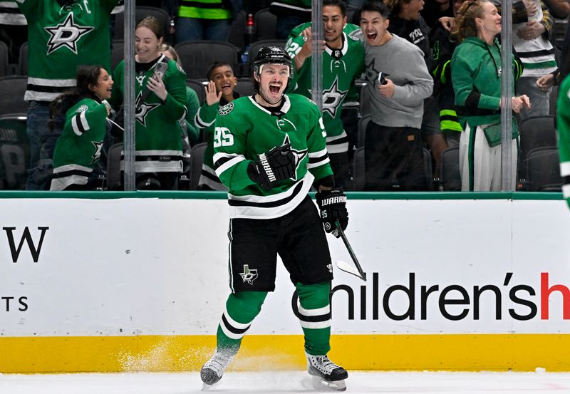 Nov 14, 2023; Dallas, Texas, USA; Dallas Stars center Matt Duchene (95) celebrates after he scores the game winning goal against the Arizona Coyotes during the overtime period at the American Airlines Center. Mandatory Credit: Jerome Miron-USA TODAY Sports