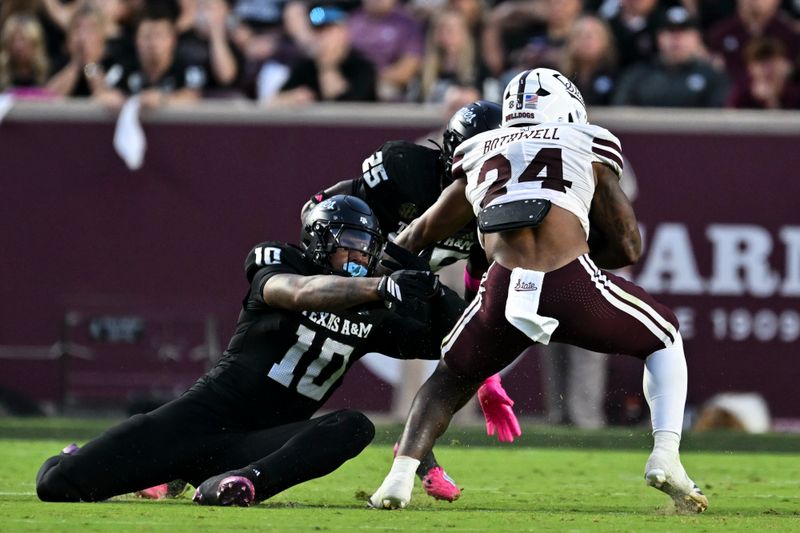 Oct 4, 2025; College Station, Texas, USA; Texas A&M Aggies defensive end Marco Jones (10) tackles Mississippi State Bulldogs running back Fluff Bothwell (24) during the first quarter at Kyle Field. Mandatory Credit: Maria Lysaker-Imagn Images 