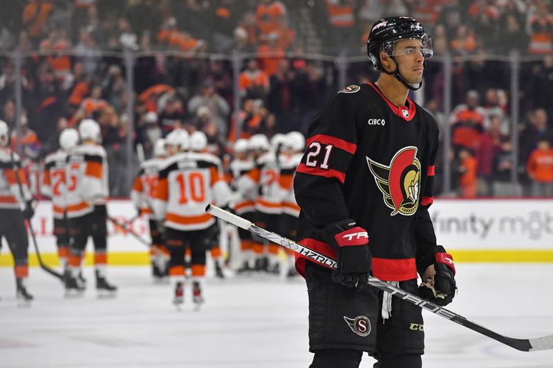 Mar 2, 2024; Philadelphia, Pennsylvania, USA; Ottawa Senators right wing Mathieu Joseph (21) skates off the ice after loss to the Philadelphia Flyers at Wells Fargo Center. Mandatory Credit: Eric Hartline-USA TODAY Sports