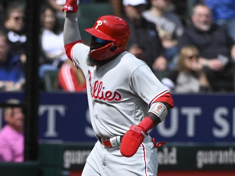 Apr 19, 2023; Chicago, Illinois, USA;  Philadelphia Phillies second baseman Josh Harrison (2) celebrates after scoring during the fourth inning against the Chicago White Sox at Guaranteed Rate Field. Mandatory Credit: Matt Marton-USA TODAY Sports