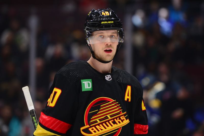 Feb 25, 2023; Vancouver, British Columbia, CAN; Vancouver Canucks forward Elias Pettersson (40) awaits the start of play against the Boston Bruins during the second period at Rogers Arena. Mandatory Credit: Anne-Marie Sorvin-USA TODAY Sports