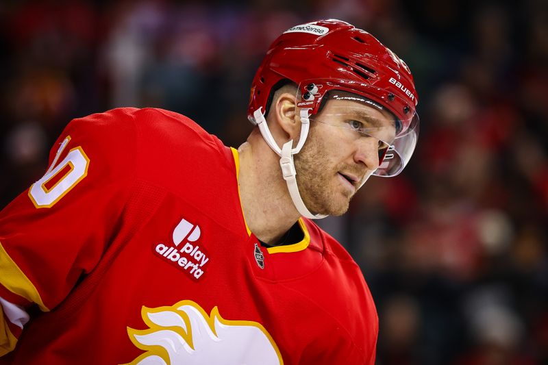 Dec 20, 2025; Calgary, Alberta, CAN; Calgary Flames left wing Jonathan Huberdeau (10) during the second period against the Vegas Golden Knights at Scotiabank Saddledome. Mandatory Credit: Sergei Belski-Imagn Images