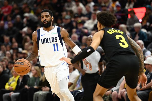 SALT LAKE CITY, UTAH - JANUARY 01: Kyrie Irving #11 of the Dallas Mavericks in action during the second half of a game against the Utah Jazz at Delta Center on January 01, 2024 in Salt Lake City, Utah. NOTE TO USER: User expressly acknowledges and agrees that, by downloading and or using this photograph, User is consenting to the terms and conditions of the Getty Images License Agreement. (Photo by Alex Goodlett/Getty Images)