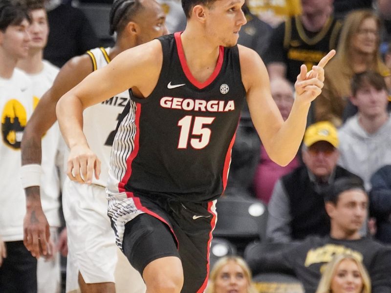 Jan 6, 2024; Columbia, Missouri, USA; Georgia Bulldogs guard RJ Melendez (15) celebrates against the Missouri Tigers after scoring a three point shot during the first half at Mizzou Arena. Mandatory Credit: Denny Medley-USA TODAY Sports