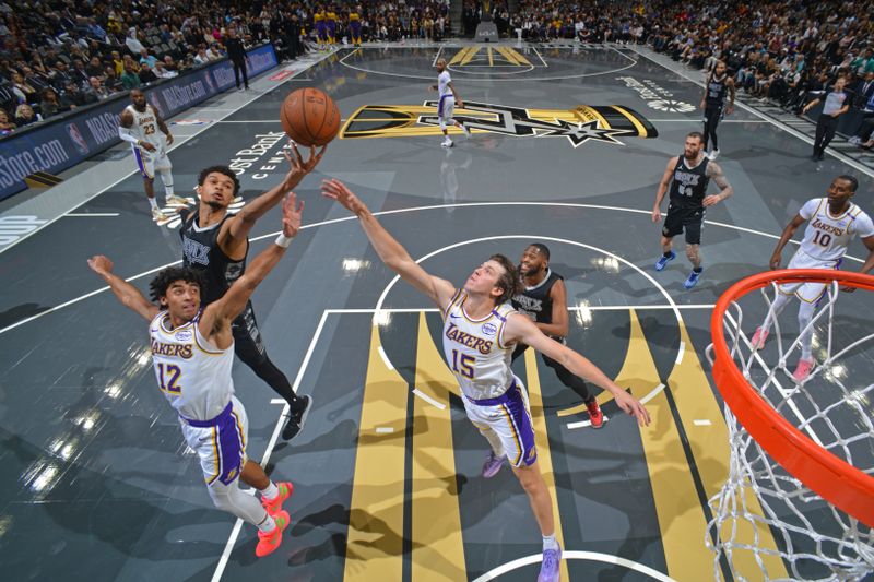 SAN ANTONIO, TX - NOVEMBER 15: Victor Wembanyama #1 of the San Antonio Spurs goes up for the rebound during the game against the Los Angeles Lakers during the Emirates NBA Cup game on November 15, 2024 at the Frost Bank Center in San Antonio, Texas. NOTE TO USER: User expressly acknowledges and agrees that, by downloading and or using this photograph, user is consenting to the terms and conditions of the Getty Images License Agreement. Mandatory Copyright Notice: Copyright 2024 NBAE (Photos by Jesse D. Garrabrant/NBAE via Getty Images)