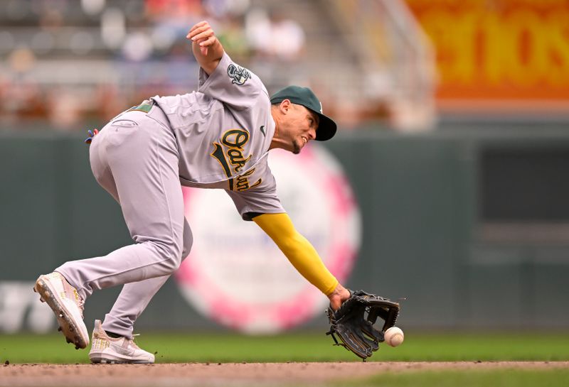 Sep 28, 2023; Minneapolis, Minnesota, USA; Oakland Athletics infielder Jordan Diaz (13) fields a ground ball against the Minnesota Twins during the fifth inning at Target Field. Mandatory Credit: Nick Wosika-USA TODAY Sports