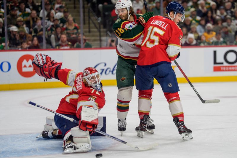 Jan 24, 2026; Saint Paul, Minnesota, USA; Florida Panthers goaltender Sergei Bobrovsky (72) reaches to block a Minnesota Wild shot in the second period at Grand Casino Arena. Mandatory Credit: Matt Blewett-Imagn Images