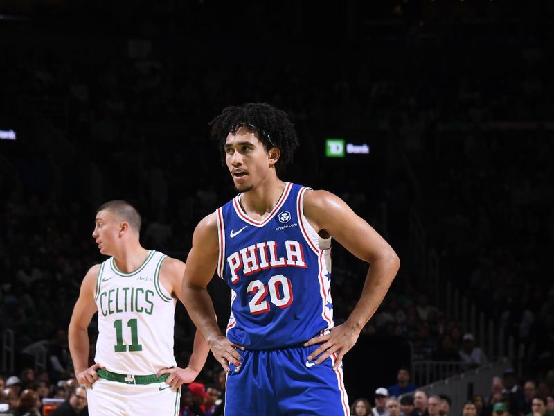 BOSTON, MA - OCTOBER 12: Jared McCain #20 of the Philadelphia 76ers looks on during the game against the Boston Celtics during a NBA Preseason game on October 12, 2024 at TD Garden in Boston, Massachusetts. NOTE TO USER: User expressly acknowledges and agrees that, by downloading and/or using this Photograph, user is consenting to the terms and conditions of the Getty Images License Agreement. Mandatory Copyright Notice: Copyright 2024 NBAE (Photo by Brian Babineau/NBAE via Getty Images)