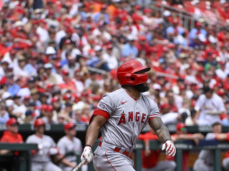 May 4, 2023; St. Louis, Missouri, USA;  Los Angeles Angels second baseman Luis Rengifo (2) hits a three run home run against the St. Louis Cardinals during the second inning at Busch Stadium. Mandatory Credit: Jeff Curry-USA TODAY Sports