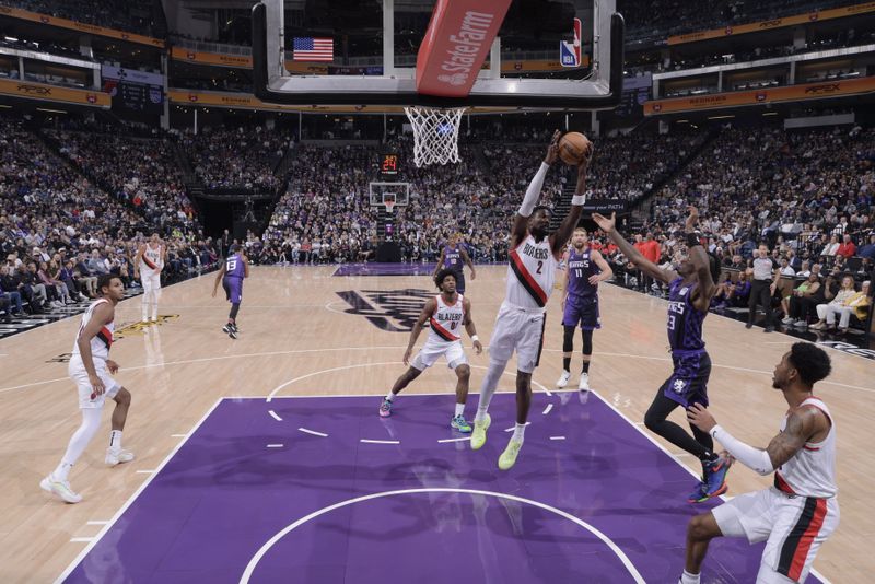 SACRAMENTO, CA - OCTOBER 28: Deandre Ayton #2 of the Portland Trail Blazers goes up for the rebound during the game against the Sacramento Kings on October 28, 2024 at Golden 1 Center in Sacramento, California. NOTE TO USER: User expressly acknowledges and agrees that, by downloading and or using this Photograph, user is consenting to the terms and conditions of the Getty Images License Agreement. Mandatory Copyright Notice: Copyright 2024 NBAE (Photo by Rocky Widner/NBAE via Getty Images)
