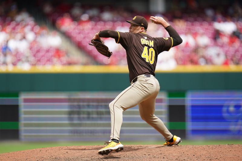 Jun 29, 2025; Cincinnati, Ohio, USA; SSan Diego Padres pitcher Jason Adam (40) throws a pitch in the eighth inning  against the Cincinnati Reds at Great American Ball Park. Mandatory Credit: Frank Bowen IV/ The USAToday Network via Imagn Images