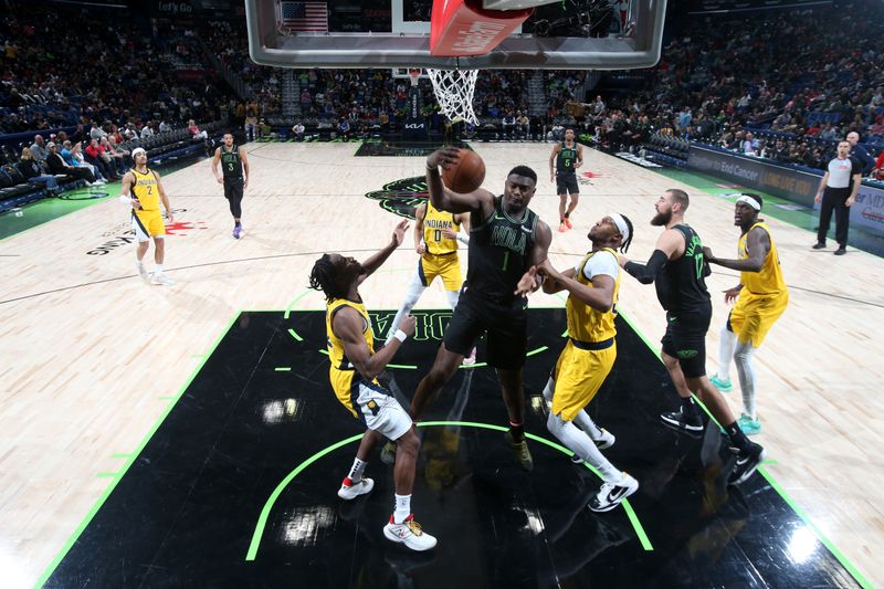 NEW ORLEANS, LA - MARCH 1:  Zion Williamson #1 of the New Orleans Pelicans grabs a rebound during the game against the Indiana Pacers on March 1, 2024 at the Smoothie King Center in New Orleans, Louisiana. NOTE TO USER: User expressly acknowledges and agrees that, by downloading and or using this Photograph, user is consenting to the terms and conditions of the Getty Images License Agreement. Mandatory Copyright Notice: Copyright 2024 NBAE (Photo by Layne Murdoch Jr./NBAE via Getty Images)