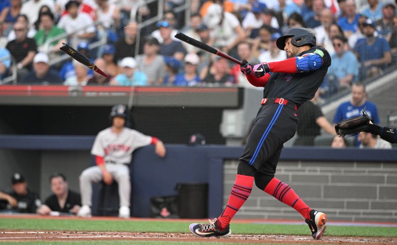 Jun 17, 2024; Toronto, Ontario, CAN;  Toronto Blue Jays right fielder George Springer (4) hits a broken bat single in the second inning against the Boston Red Sox at Rogers Centre. Mandatory Credit: Dan Hamilton-USA TODAY Sports