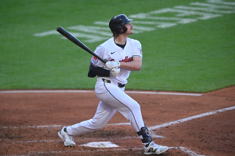 May 18, 2024; Cleveland, Ohio, USA; Cleveland Guardians designated hitter Kyle Manzardo (9) bats in the fourth inning against the Minnesota Twins at Progressive Field. Mandatory Credit: David Richard-USA TODAY Sports