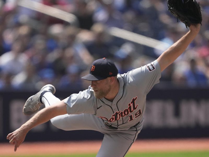 Jul 21, 2024; Toronto, Ontario, CAN; Detroit Tigers pitcher Will Vest (19) on his follow through on a pitch to the Toronto Blue Jays during the sixth inning at Rogers Centre. Mandatory Credit: John E. Sokolowski-USA TODAY Sports