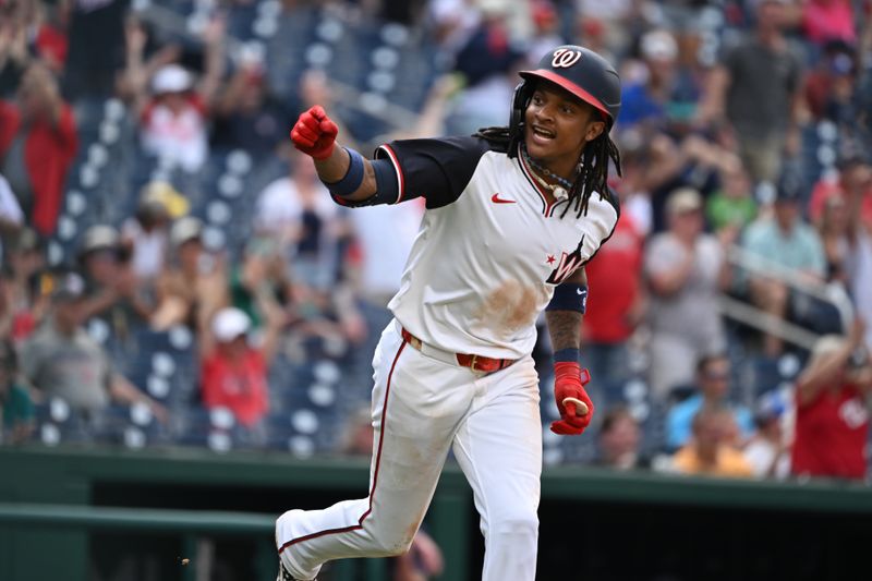 May 26, 2024; Washington, District of Columbia, USA; Washington Nationals shortstop CJ Abrams (5) celebrates towards his dugout after hitting a three run home run against the Seattle Mariners during the seventh inning at Nationals Park. Mandatory Credit: Rafael Suanes-USA TODAY Sports