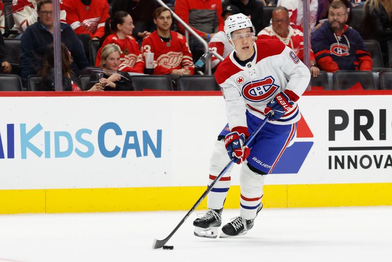Oct 9, 2025; Detroit, Michigan, USA;  Montréal Canadiens center Oliver Kapanen (91) skates with the puck in the first period against the Detroit Red Wings at Little Caesars Arena. Mandatory Credit: Rick Osentoski-Imagn Images