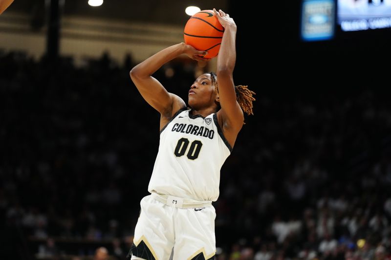 Jan 19, 2024; Boulder, Colorado, USA; Colorado Buffaloes guard Jaylyn Sherrod (00) prepares to shoot the ball in the second half against the UCLA Bruins at the CU Events Center. Mandatory Credit: Ron Chenoy-USA TODAY Sports
\v11