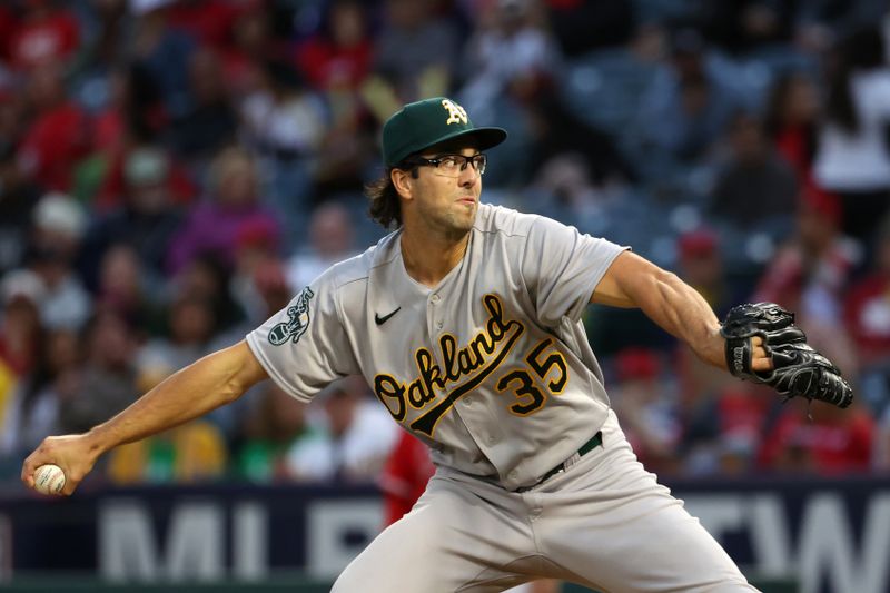 Sep 30, 2023; Anaheim, California, USA; Oakland Athletics starting pitcher Joe Boyle (35) pitches during the first inning against the Los Angeles Angels at Angel Stadium. Mandatory Credit: Kiyoshi Mio-USA TODAY Sports