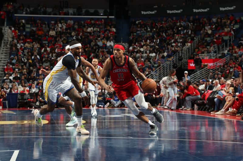 NEW ORLEANS, LA - NOVEMBER 22: Brandon Boston Jr. #11 of the New Orleans Pelicans handles the ball during the game against the Golden State Warriors during the Emirates NBA Cup game on November 22, 2024 at the Smoothie King Center in New Orleans, Louisiana. NOTE TO USER: User expressly acknowledges and agrees that, by downloading and or using this Photograph, user is consenting to the terms and conditions of the Getty Images License Agreement. Mandatory Copyright Notice: Copyright 2024 NBAE (Photo by Layne Murdoch Jr./NBAE via Getty Images)