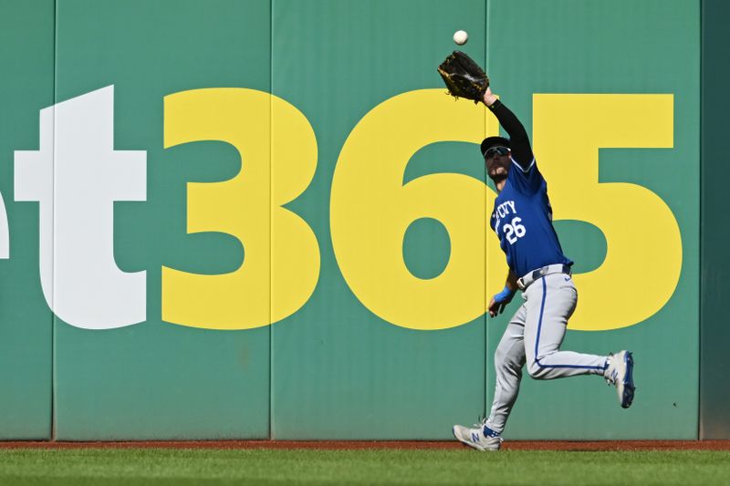 Aug 28, 2024; Cleveland, Ohio, USA; Kansas City Royals right fielder Adam Frazier (26) catches a sacrifice fly hit by Cleveland Guardians second baseman Andres Gimenez (not pictured) during the eighth inning at Progressive Field. Mandatory Credit: Ken Blaze-USA TODAY Sports