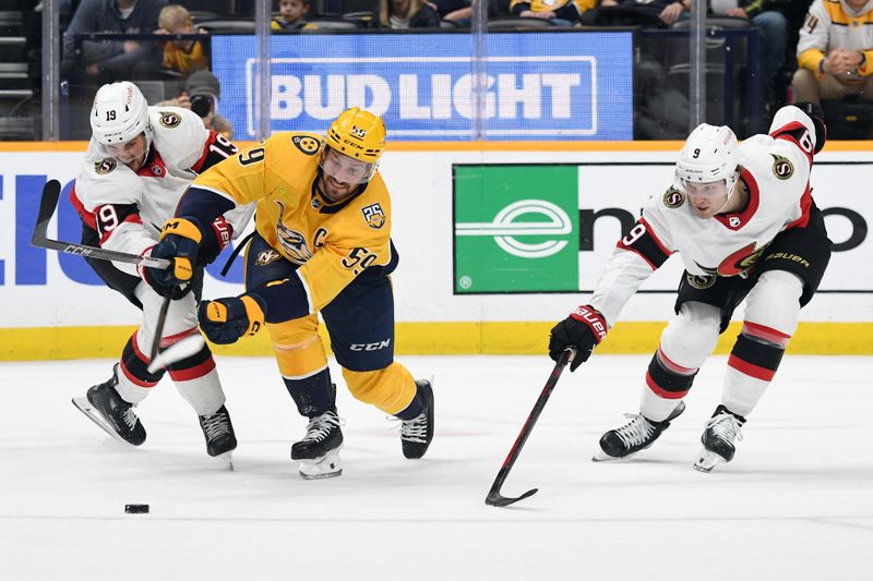 Feb 27, 2024; Nashville, Tennessee, USA; Nashville Predators defenseman Roman Josi (59) loses the puck as he is defended by Ottawa Senators right wing Drake Batherson (19) and center Josh Norris (9) during the first period at Bridgestone Arena. Mandatory Credit: Christopher Hanewinckel-USA TODAY Sports