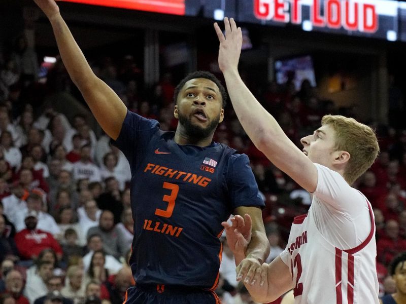 Jan 1, 2023; Madison, Wis, USA; Illinois guard Jayden Epps (3) shoots over Wisconsin forward Steven Crowl (22) during the first half of their game at the Kohl Center. Mandatory Credit: Mark Hoffman/Milwaukee Journal Sentinel via USA TODAY NETWORK