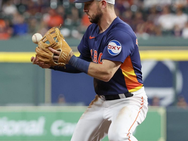 May 15, 2024; Houston, Texas, USA; Houston Astros shortstop Jeremy Peña (3) bobbles Oakland Athletics left fielder Brent Rooker (25) (not pictured) ground ball for an error in the ninth inning at Minute Maid Park. Mandatory Credit: Thomas Shea-USA TODAY Sports