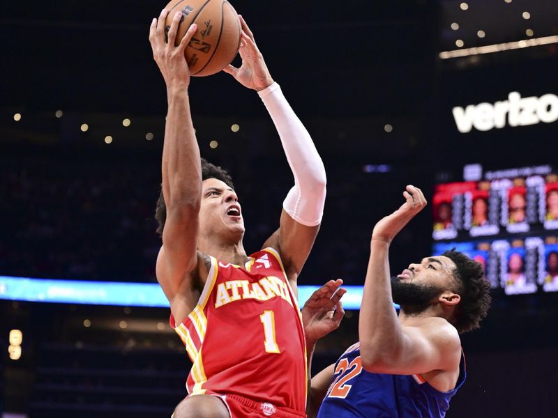 ATLANTA, GA - November 6:  Jalen Johnson #1 of the Atlanta Hawks shoots the ball during the game against the New York Knicks on November 6, 2024 at State Farm Arena in Atlanta, Georgia.  NOTE TO USER: User expressly acknowledges and agrees that, by downloading and/or using this Photograph, user is consenting to the terms and conditions of the Getty Images License Agreement. Mandatory Copyright Notice: Copyright 2024 NBAE (Photo by Adam Hagy/NBAE via Getty Images)