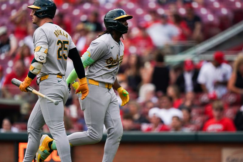 Aug 29, 2024; Cincinnati, Ohio, USA;  Oakland Athletics right fielder Lawrence Butler (4) gives a high-five to Oakland Athletics designated hitter Brent Rooker (25) after hitting a home run during the fourth inning of the MLB game between the Cincinnati Reds and Oakland Athletics, Thursday, Aug. 29, 2024, at Cintas Center in Cincinnati. Mandatory Credit: Frank Bowen IV/The Cincinnati Enquirer-USA TODAY Sports