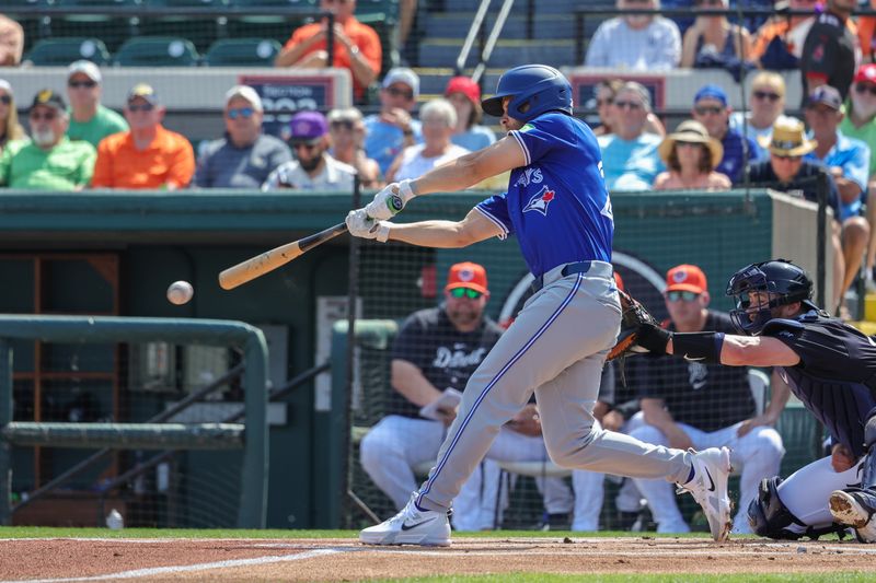 Feb 27, 2024; Lakeland, Florida, USA; Toronto Blue Jays second baseman Ernie Clement (28) bats during the first inning against the Detroit Tigers at Publix Field at Joker Marchant Stadium. Mandatory Credit: Mike Watters-USA TODAY Sports