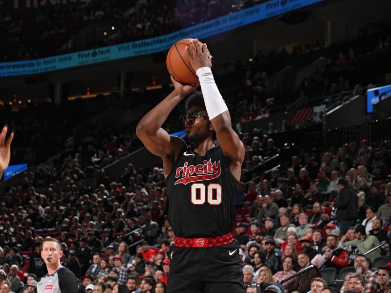 PORTLAND, OR - MARCH 20: Scoot Henderson #00 of the Portland Trail Blazers shoots the ball during the game against the LA Clippers on March 20, 2024 at the Moda Center Arena in Portland, Oregon. NOTE TO USER: User expressly acknowledges and agrees that, by downloading and or using this photograph, user is consenting to the terms and conditions of the Getty Images License Agreement. Mandatory Copyright Notice: Copyright 2024 NBAE (Photo by Cameron Browne/NBAE via Getty Images)