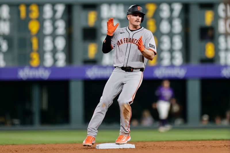 Sep 3, 2025; Denver, Colorado, USA; San Francisco Giants third baseman Matt Chapman (26) reacts from second on a double in the fifth inning against the Colorado Rockies at Coors Field. Mandatory Credit: Isaiah J. Downing-Imagn Images
