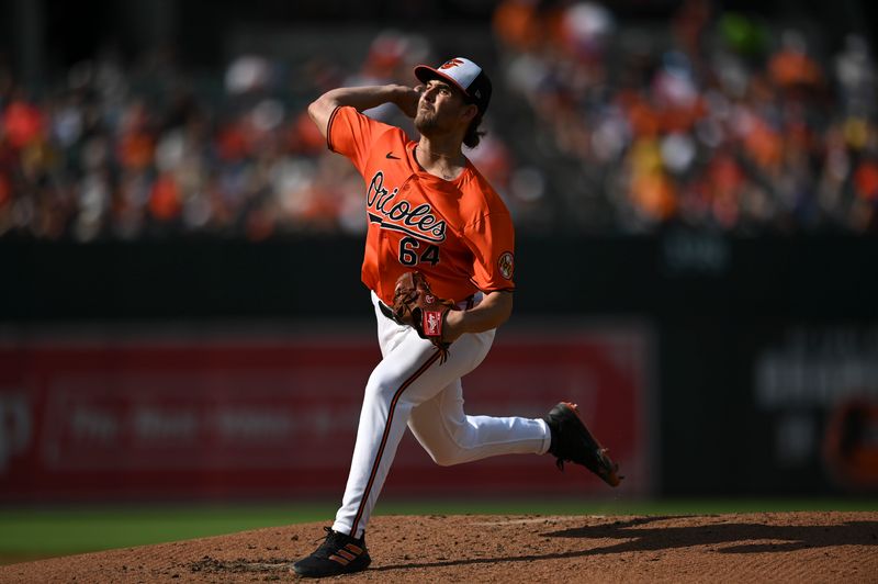 Jul 27, 2024; Baltimore, Maryland, USA; Baltimore Orioles pitcher Dean Kremer (64) throws a third inning pitch against the San Diego Padres  at Oriole Park at Camden Yards. Mandatory Credit: Tommy Gilligan-USA TODAY Sports