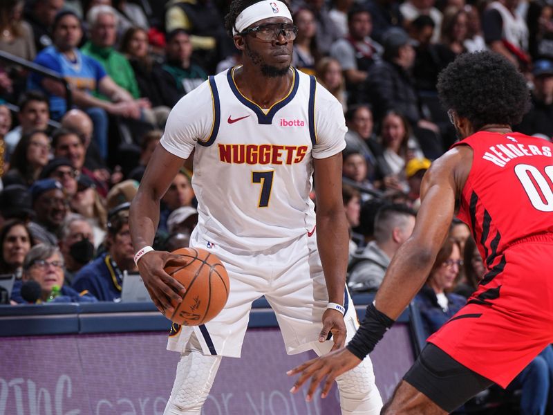 DENVER, CO - FEBRUARY 4: Reggie Jackson #7 of the Denver Nuggets handles the ball during the game  on February 4, 2024 at the Ball Arena in Denver, Colorado. NOTE TO USER: User expressly acknowledges and agrees that, by downloading and/or using this Photograph, user is consenting to the terms and conditions of the Getty Images License Agreement. Mandatory Copyright Notice: Copyright 2024 NBAE (Photo by Garrett Ellwood/NBAE via Getty Images)