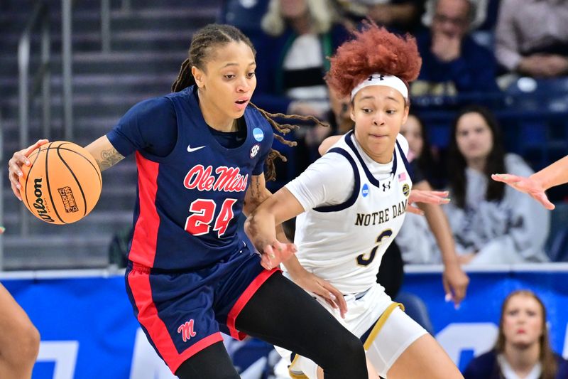 Mar 25, 2024; South Bend, Indiana, USA; Ole Miss Rebels forward Madison Scott (24) dribbles as Notre Dame Fighting Irish guard Hannah Hidalgo (3) defends in the second half of the NCAA Tournament second round game at the Purcell Pavilion. Mandatory Credit: Matt Cashore-USA TODAY Sports