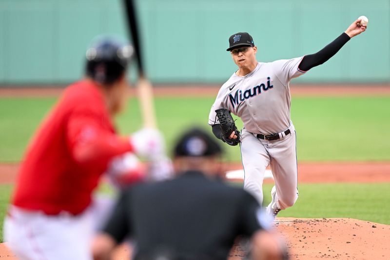 Jun 29, 2023; Boston, Massachusetts, USA; Miami Marlins starting pitcher Jesus Luzardo (44) pitches against the Boston Red Sox during the first inning at Fenway Park. Mandatory Credit: Brian Fluharty-USA TODAY Sports