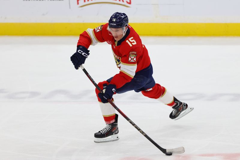 Nov 25, 2024; Sunrise, Florida, USA; Florida Panthers center Anton Lundell (15) moves the puck against the Washington Capitals during the third period at Amerant Bank Arena. Mandatory Credit: Sam Navarro-Imagn Images