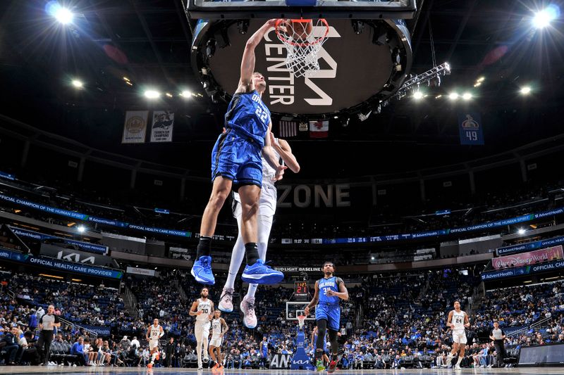 ORLANDO, FL - FEBRUARY 8: Franz Wagner #22 of the Orlando Magic dunks the ball during the game against the San Antonio Spurs on February 8, 2024 at the Kia Center in Orlando, Florida. NOTE TO USER: User expressly acknowledges and agrees that, by downloading and or using this photograph, User is consenting to the terms and conditions of the Getty Images License Agreement. Mandatory Copyright Notice: Copyright 2024 NBAE (Photo by Fernando Medina/NBAE via Getty Images)