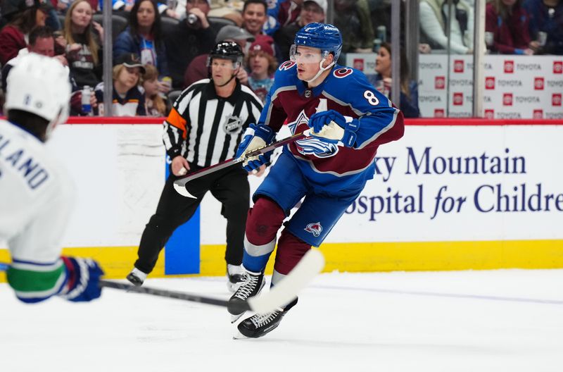 Feb 20, 2024; Denver, Colorado, USA; Colorado Avalanche defenseman Cale Makar (8) during the second period against the Vancouver Canucks at Ball Arena. Mandatory Credit: Ron Chenoy-USA TODAY Sports