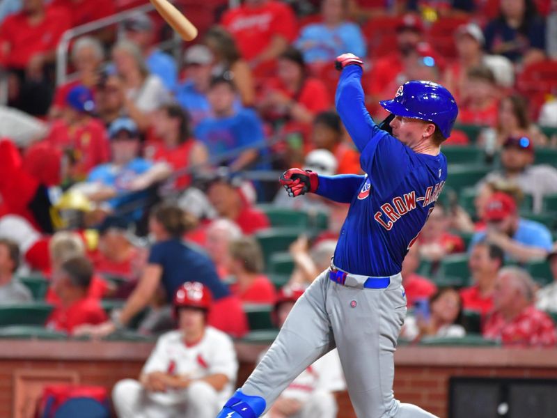 Jun 25, 2025; St. Louis, Missouri, USA; Chicago Cubs outfielder Pete Crow-Armstrong (4) loses his bat while up to bat in the eighth inning against the St. Louis Cardinals at Busch Stadium. Mandatory Credit: Tim Vizer-Imagn Images 