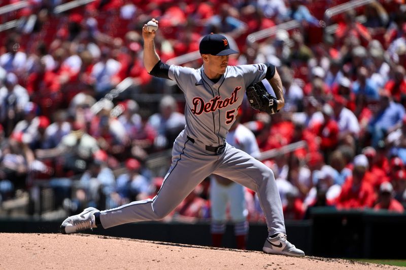 May 21, 2025; St. Louis, Missouri, USA;  Detroit Tigers relief pitcher Chase Lee (53) pitches against the St. Louis Cardinals during the fourth inning at Busch Stadium. Mandatory Credit: Jeff Curry-Imagn Images