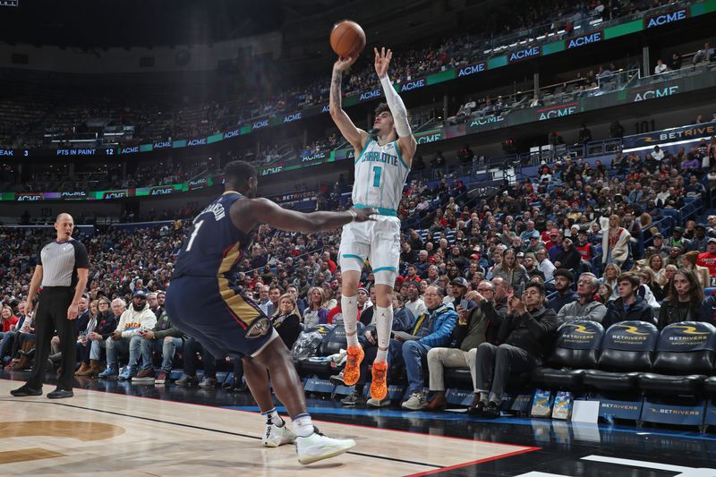 NEW ORLEANS, LA - JANUARY 17: LaMelo Ball #1 of the Charlotte Hornets shoots a three point basket during the game against the New Orleans Pelicans on January 17, 2024 at the Smoothie King Center in New Orleans, Louisiana. NOTE TO USER: User expressly acknowledges and agrees that, by downloading and or using this Photograph, user is consenting to the terms and conditions of the Getty Images License Agreement. Mandatory Copyright Notice: Copyright 2024 NBAE (Photo by Layne Murdoch Jr./NBAE via Getty Images)