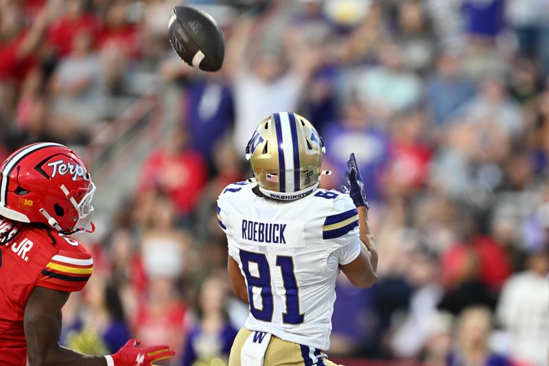 Oct 4, 2025; College Park, Maryland, USA;  Washington Huskies wide receiver Dezmen Roebuck (81) catches a touchdown pass in the second half against the Maryland Terrapins at SECU Stadium. Mandatory Credit: Jamie Sabau-Imagn Images
