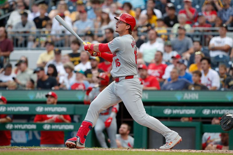 Jul 2, 2024; Pittsburgh, Pennsylvania, USA;  St. Louis Cardinals second baseman Nolan Gorman (16) hits a grand slam home run against the Pittsburgh Pirates during the fourth inning at PNC Park. Mandatory Credit: Charles LeClaire-USA TODAY Sports