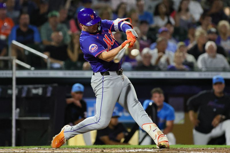 Mar 8, 2024; Jupiter, Florida, USA; New York Mets first baseman Pete Alonso (20) hits a home run against the Miami Marlins during the sixth inning at Roger Dean Chevrolet Stadium. Mandatory Credit: Sam Navarro-USA TODAY Sports